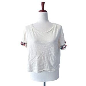 Lilka Anthropologie Top XS Extra Small Cream Pom Pom Sleeves Boho Colorful
